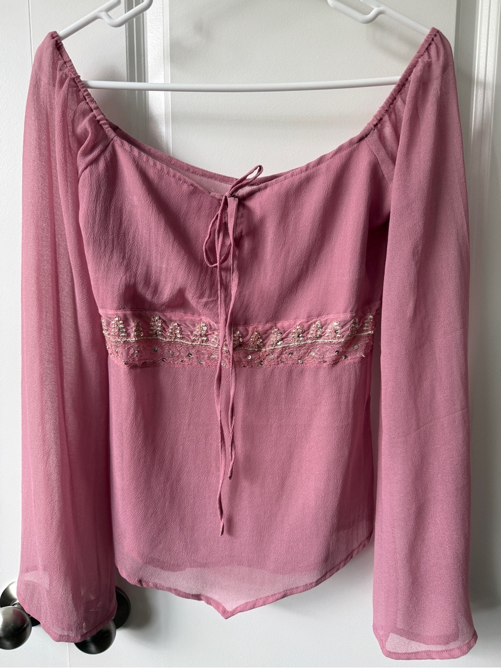 Pink Embroidered Tie-Front Peasant Blouse